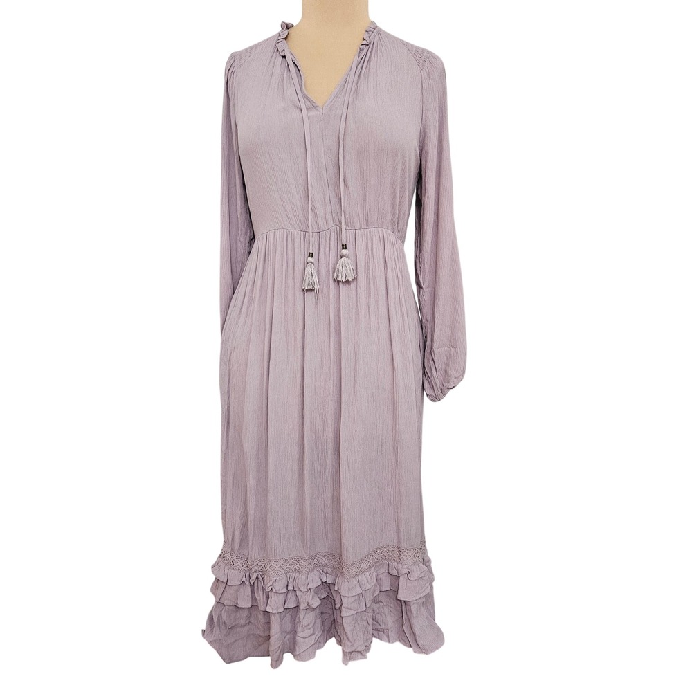 Knox Rose XS‎ Lavender Boho Smocked Maxi Dress Satin Ruffle Hem Pockets Cottage